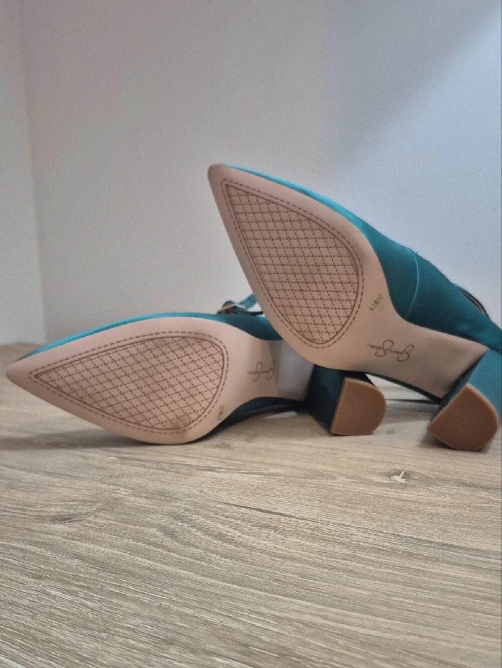 Jessica Simpson Teal Satin Pointed-Toe Mary Jane Heels